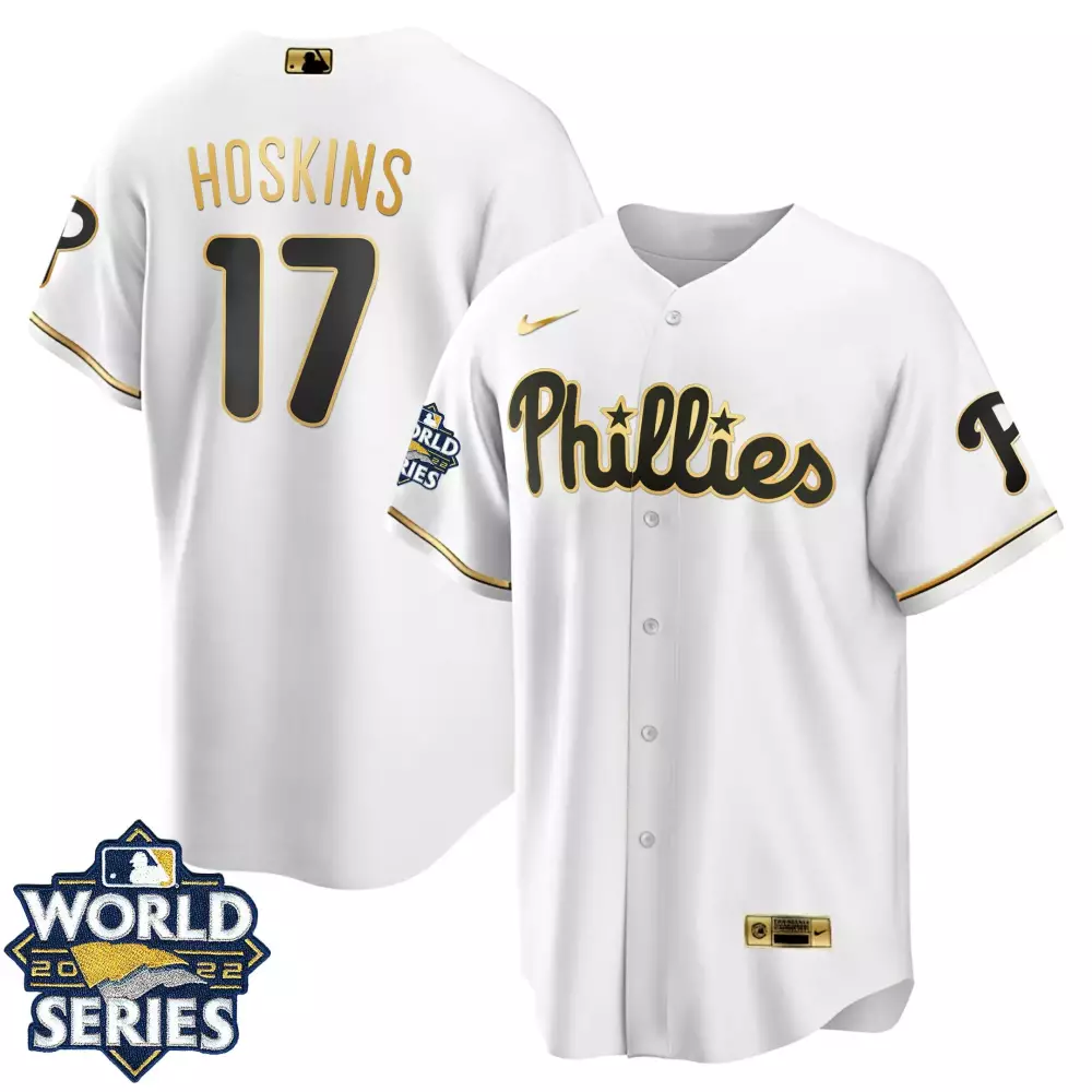 Rhys Hoskins 17 Phillies Jersey White World Series 2022 Men Black Gold All Stitched