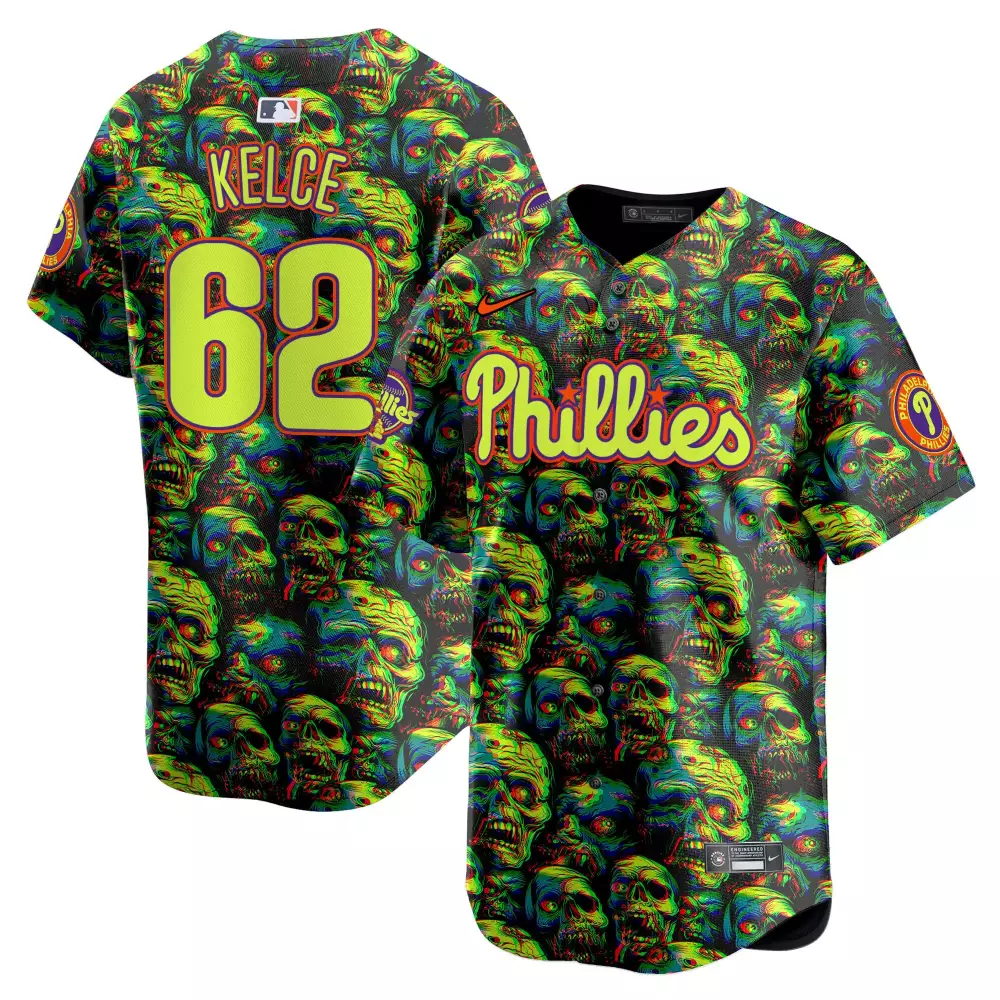 Jason Kelce 62 Phillies Jersey Black Men Full Graphic Split Custom Design Lime Green