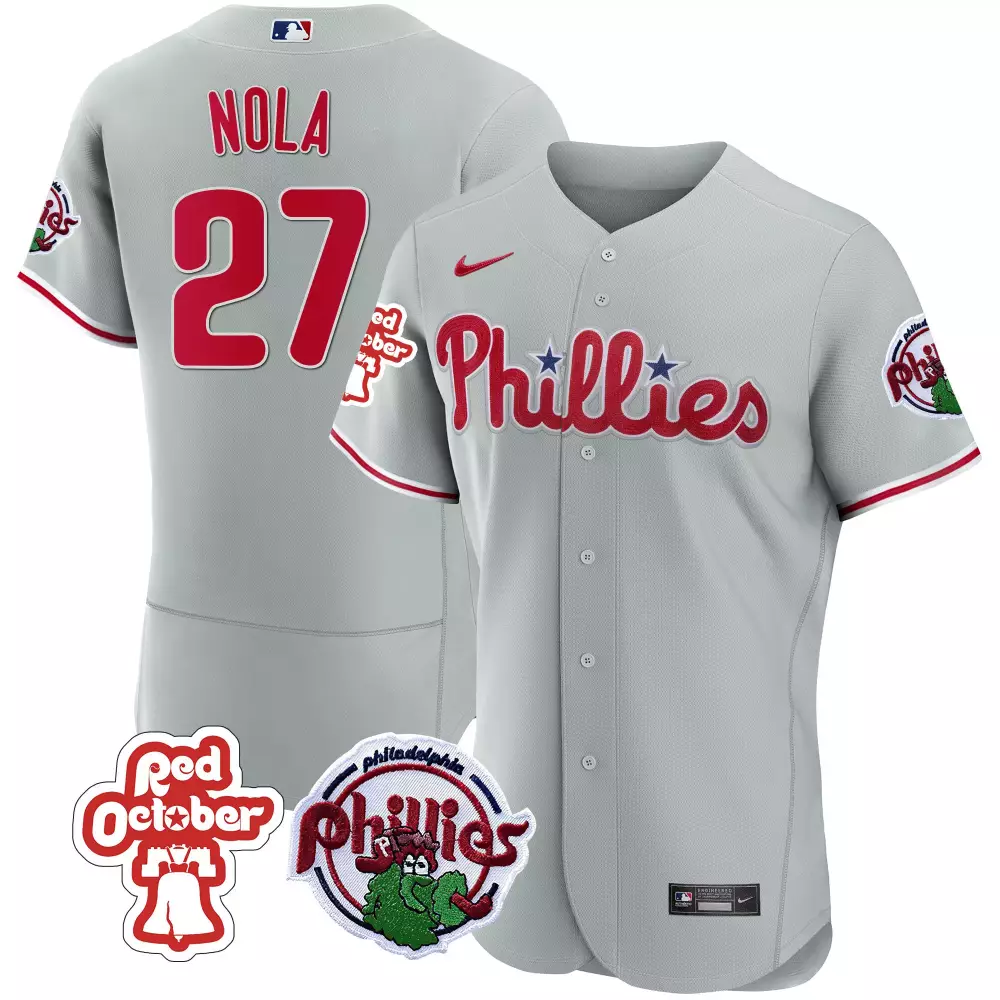 Aaron Nola 27 Phillies Jersey Gray Red October Mascot Men White Flex Base All Stitched