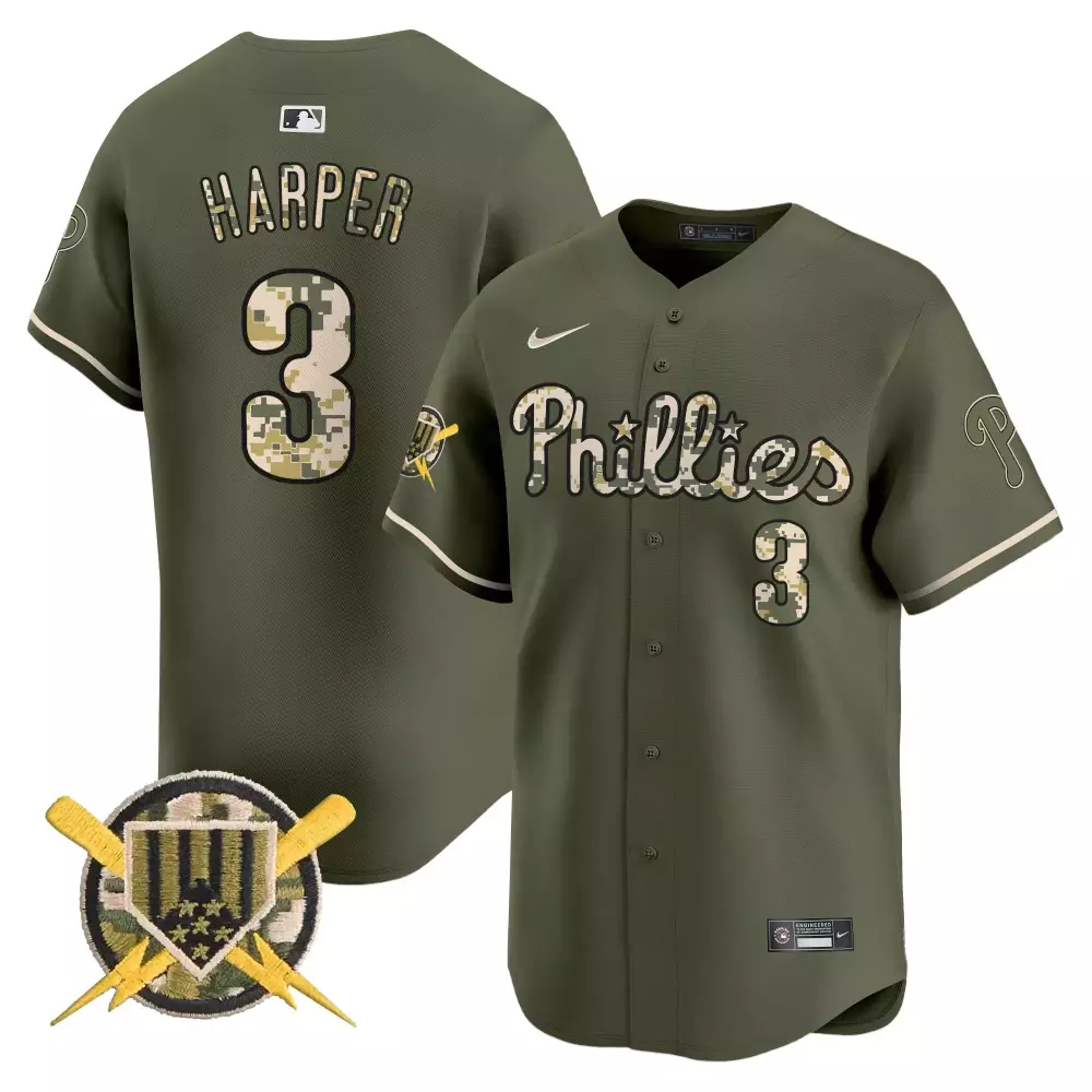 Bryce Harper 3 Phillies Jersey Olive Green Veterans Day Men Tan Camo White Yellow