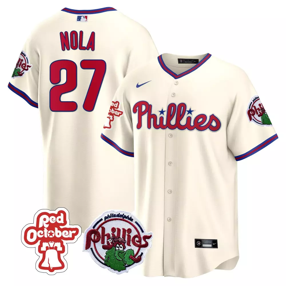 Aaron Nola 27 Jersey Cream Red October Philadelphia Phillies Bell Mascot Men Blue