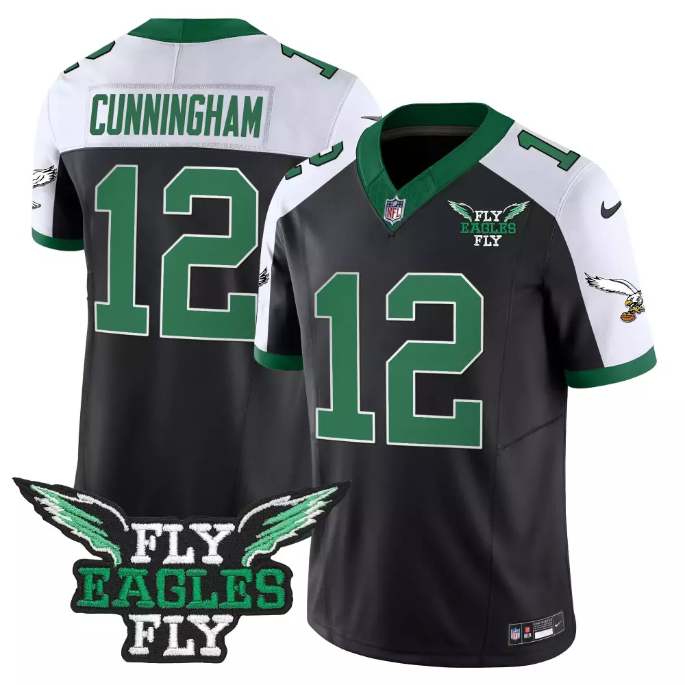 Randall Cunningham 12 Eagles Jersey Black Fly Men Alternate Split Design Green White
