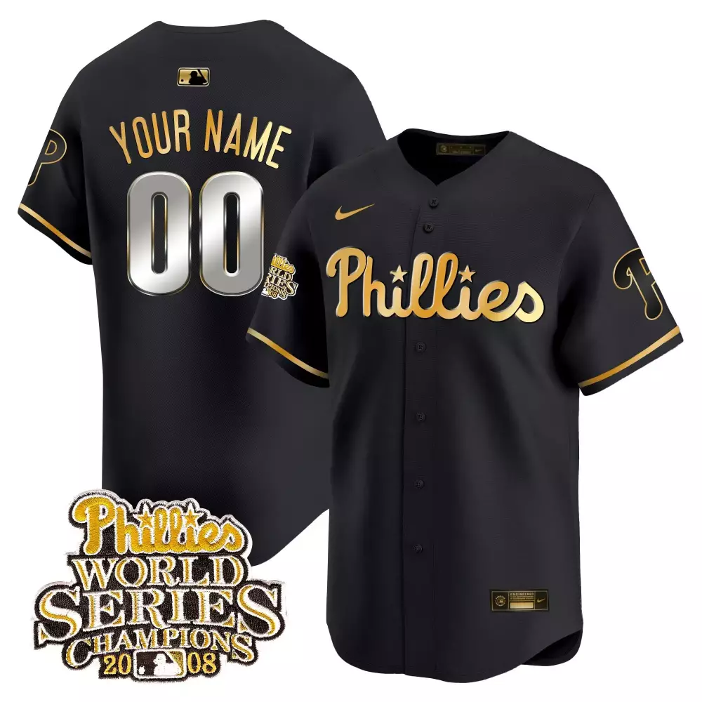 Custom Phillies Jersey Black World Series 2008 Men Gold Vapor Premier Limited All