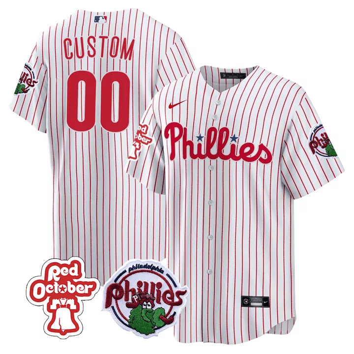 Custom Phillies Jersey White Red October Mascot Pinstripe All Stitched Vapor