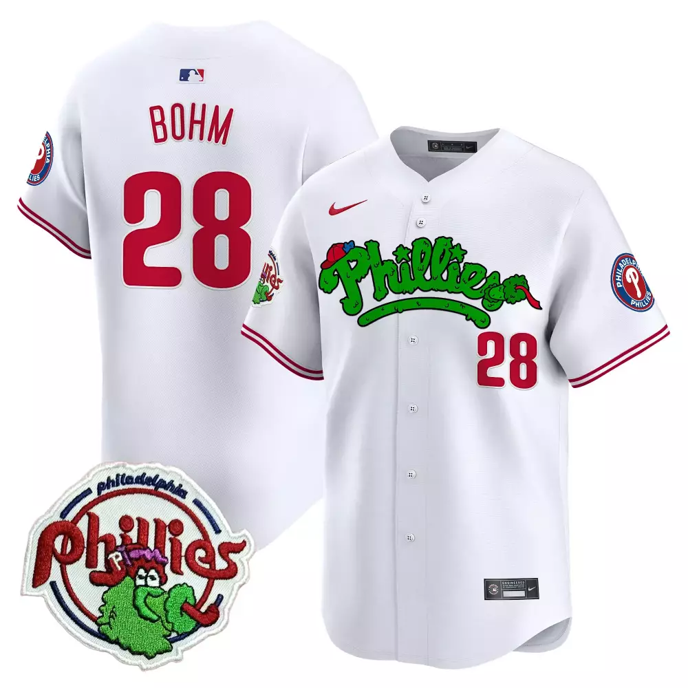 Alec Bohm 28 Jersey White Philadelphia Phillies Mascot Men Red Green Stitched