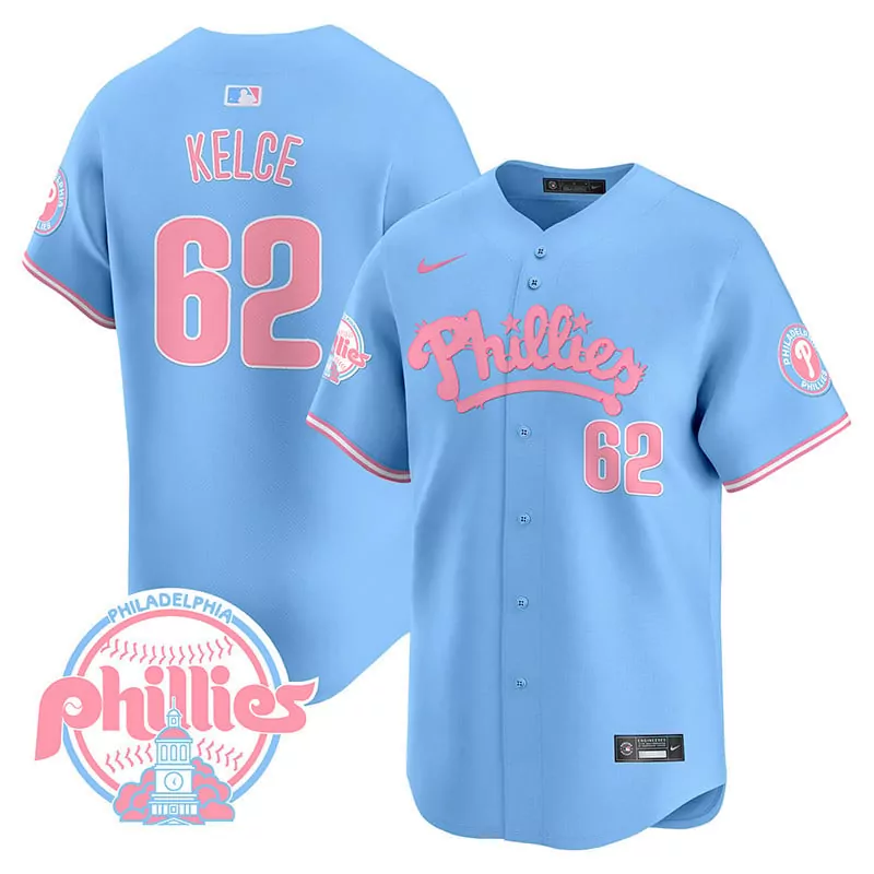 Jason Kelce 62 Jersey Light Blue Philadelphia Phillies Men Pink Vapor Premier Limited