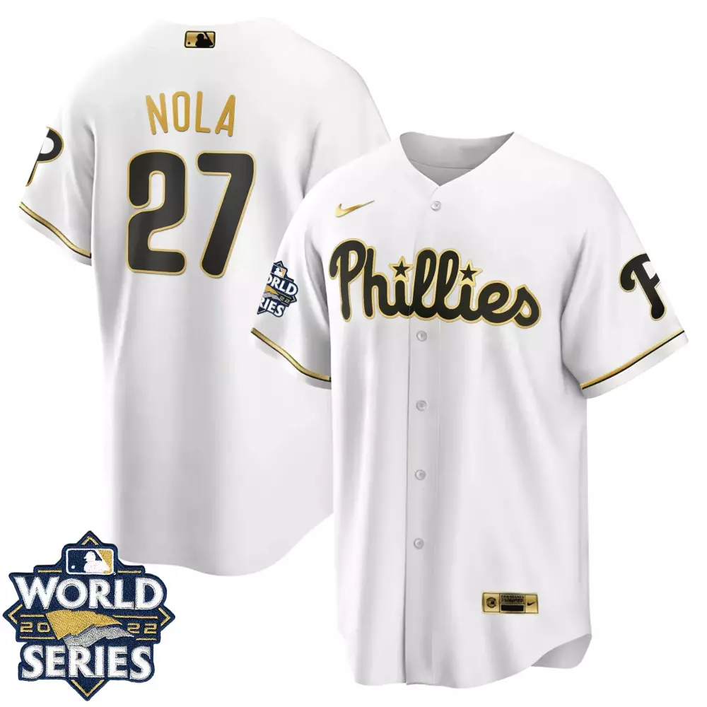 Aaron Nola 27 Phillies Jersey White World Series 2022 Men Black Gold Cool Limited