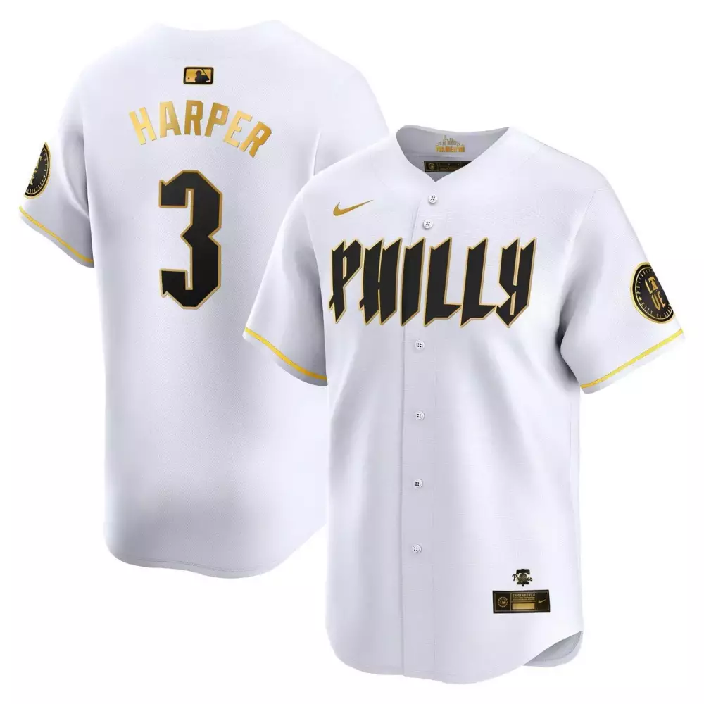 Bryce Harper 3 Phillies Jersey White City Connect Men Black Gold Limited