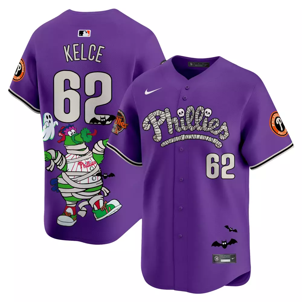 Jason Kelce 62 Phillies Jersey Purple Halloween Philadelphia 2023 Men Custom Design