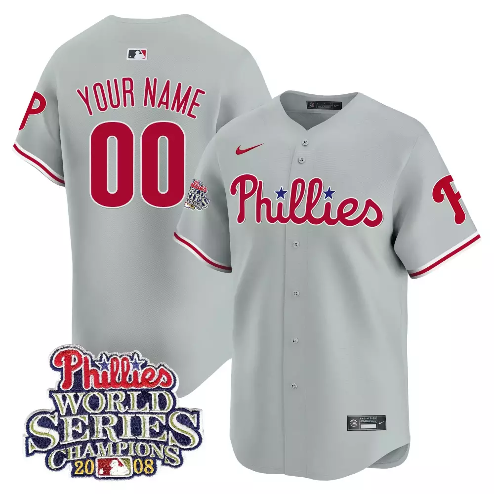 Custom Phillies Jersey Gray 2008 World Series Champions Men Red White Vapor Premier
