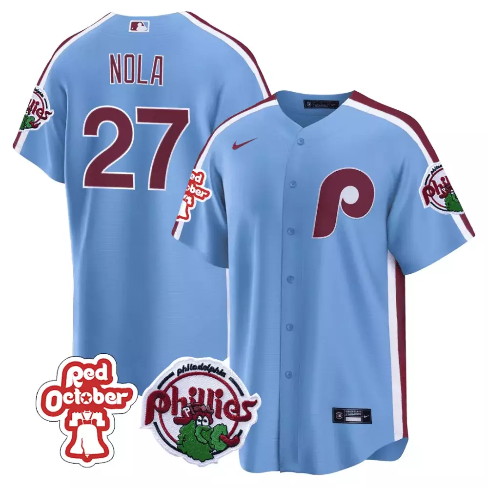 Aaron Nola 27 Phillies Jersey Light Blue Red October Men Maroon White