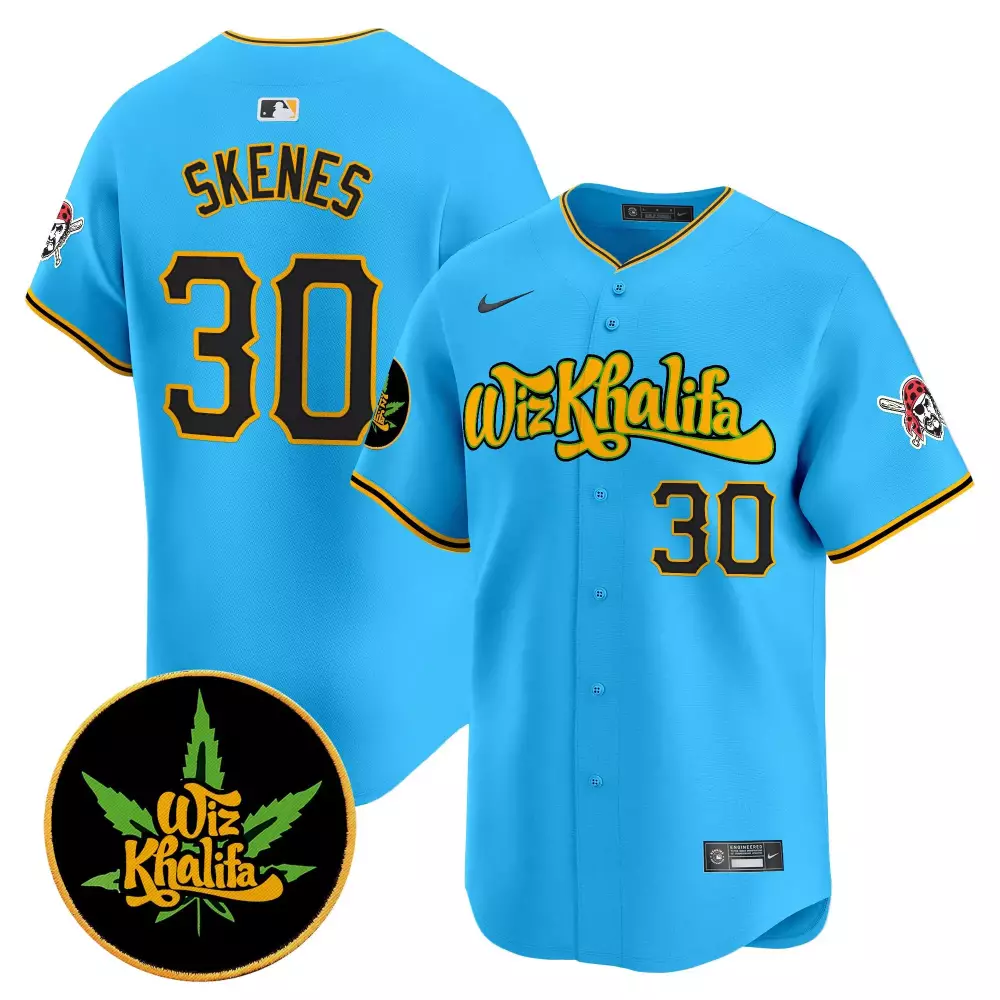 Paul Skenes 30 Pittsburgh Pirates Jersey Light Blue Wiz Khalifa Skull 2023 Men Yellow