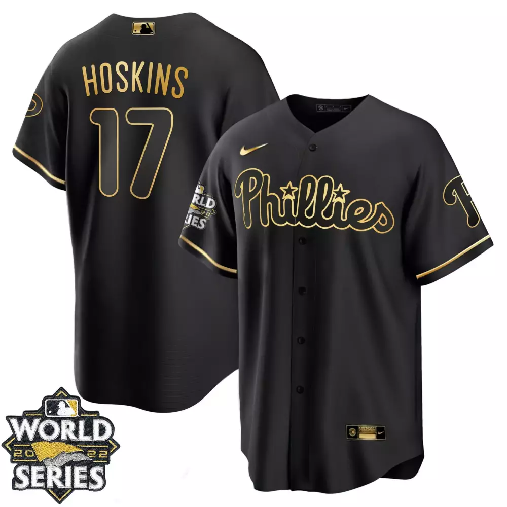 Rhys Hoskins 17 Phillies Jersey Black World Series 2022 Men Gold All Stitched Vapor