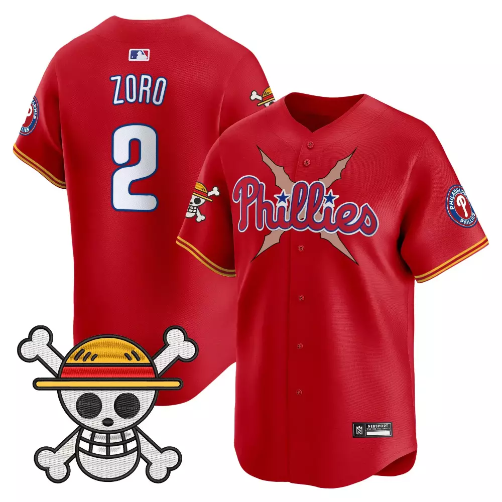 Zoro One 2 Phillies Jersey Red Piece Jolly Roger 2023 Men White Blue Gold Stitched