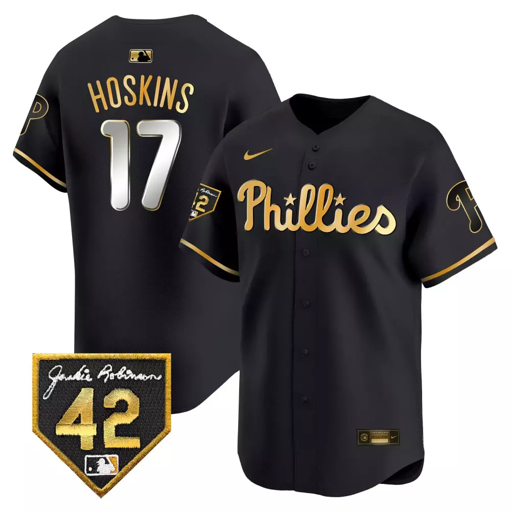 Rhys Hoskins 17 Phillies Jersey Black Jackie Robinson Day 42 2023 Men Gold Silver