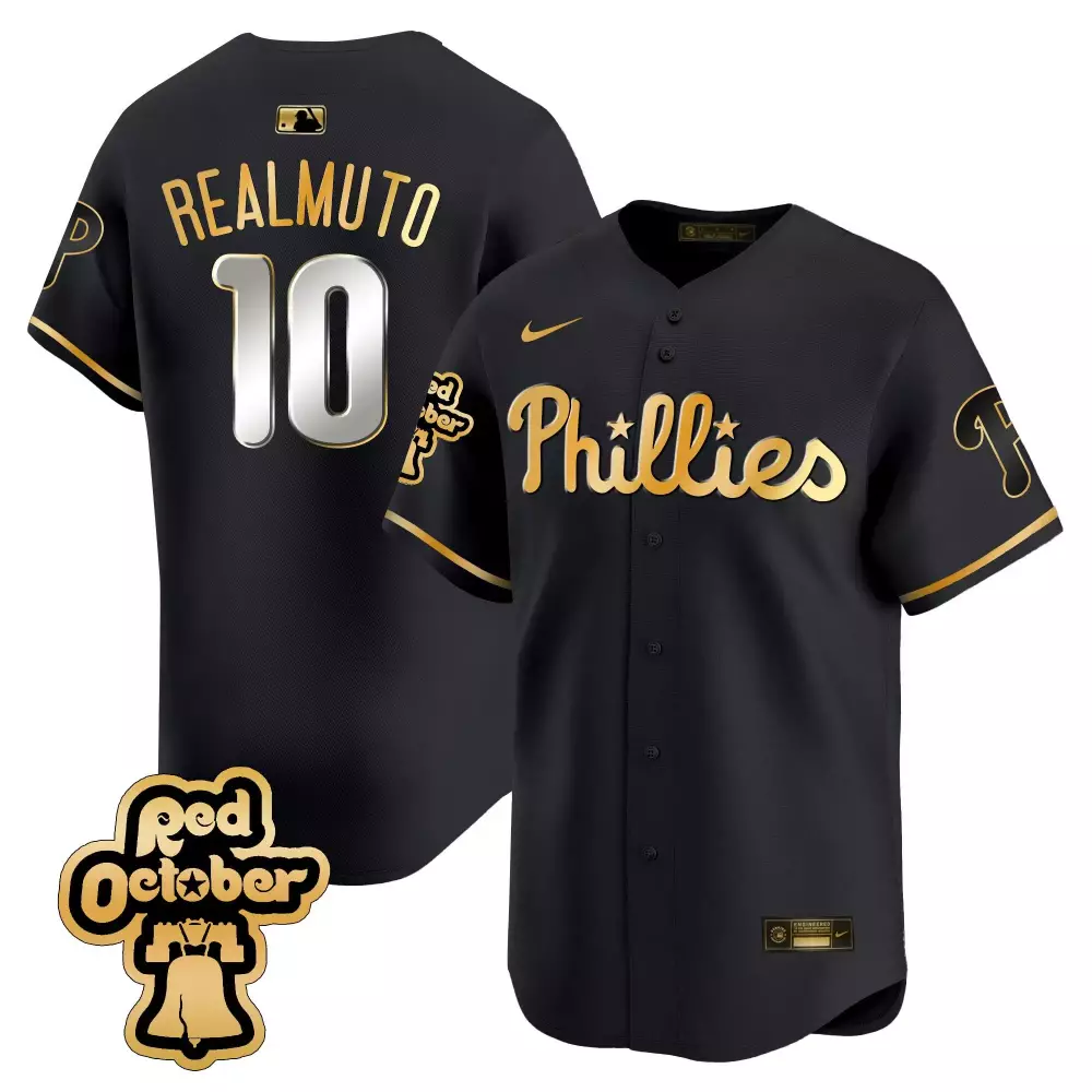 Hoskins October 10 Phillies Jersey Black Red Men Gold All Stitched Vapor