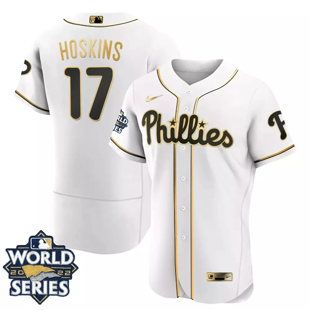 Rhys Hoskins 17 Phillies Jersey White World Series 2022 Men Black Gold Flex Limited