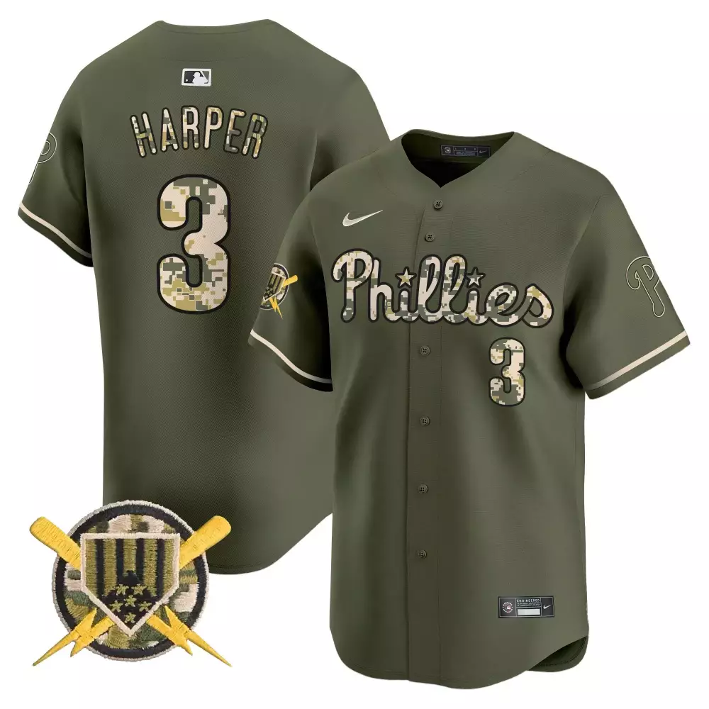 Bryce Harper 3 Phillies Jersey Olive Green Camo Baseball Lightning Bolts Men Custom Design