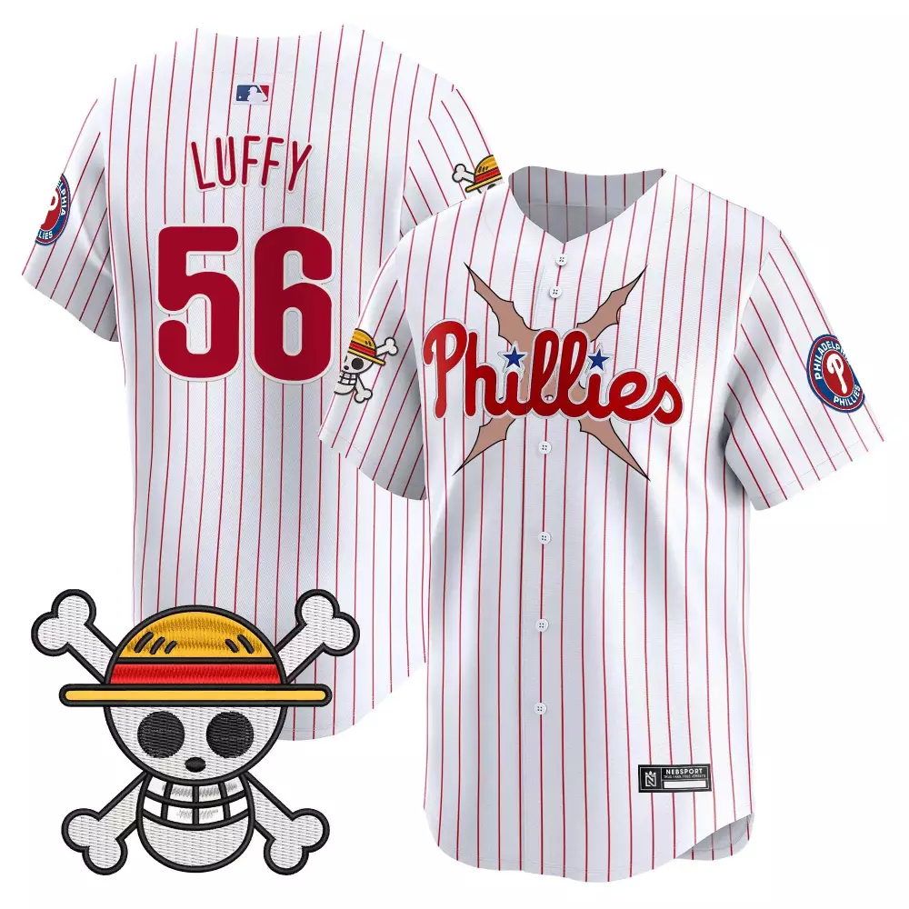 Luffy 56 Phillies Jersey White One Piece Jolly Roger 2023 Men Red Stitched Vapor