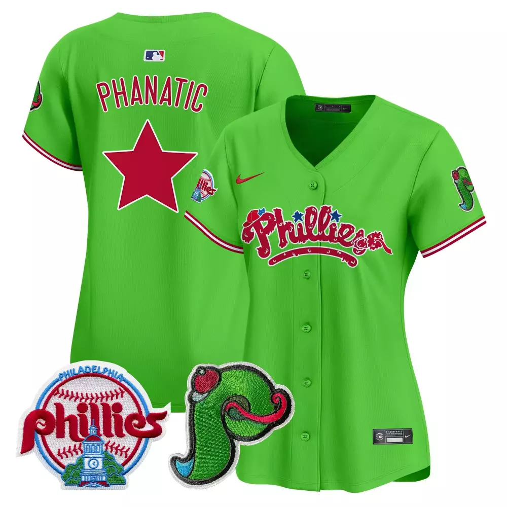 Phanatic Philadelphia Phillies Jersey Lime Green Primary Mascot Women Red White Blue