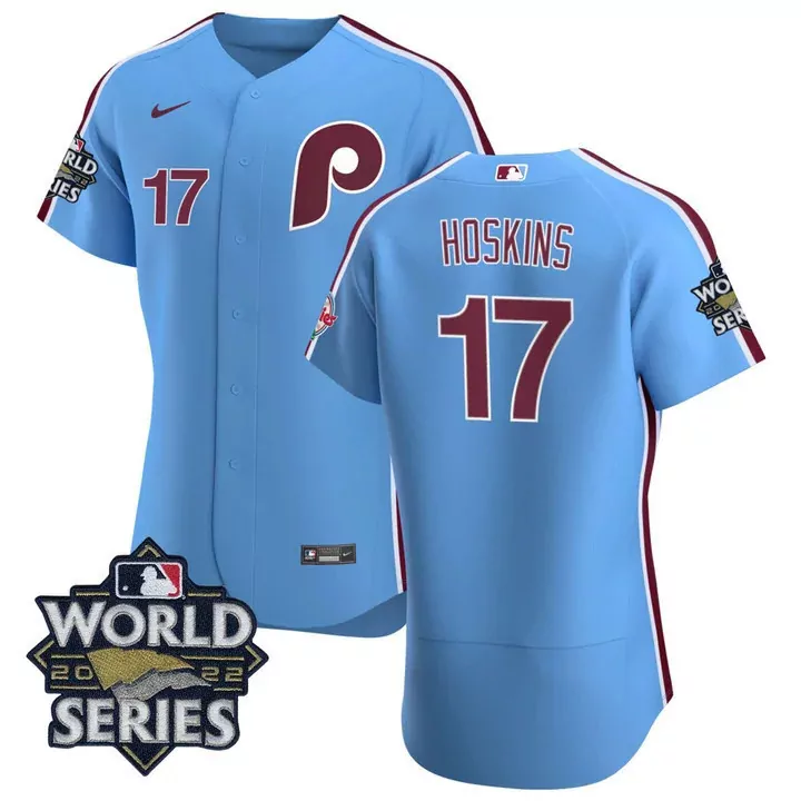 Rhys Hoskins 17 Jersey Light Blue Philadelphia Phillies World Series 2022 Men Maroon