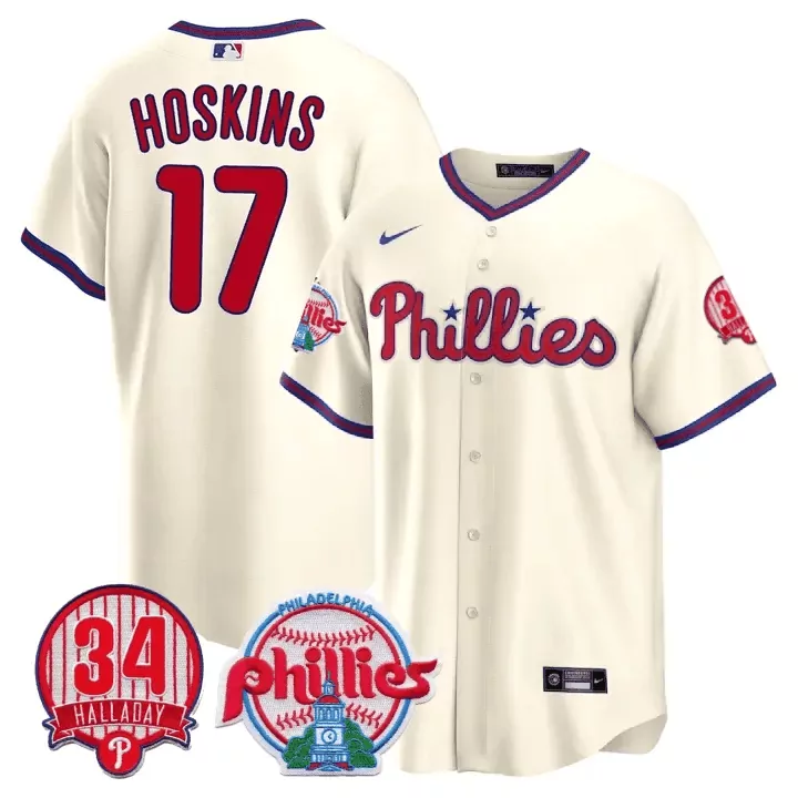 Rhys Hoskins 17 Phillies Jersey Cream Halladay Retirement 34 Men Red Blue Cool Base