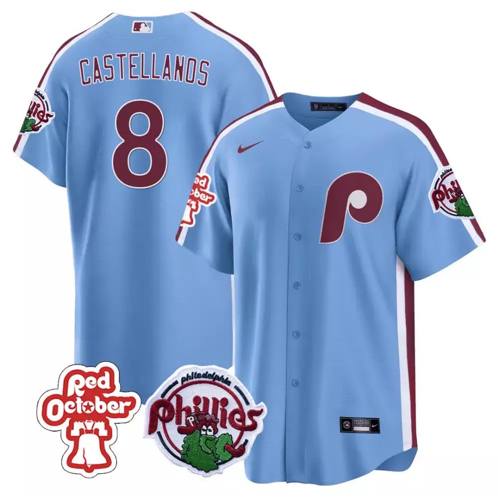 Nick Castellanos 8 Phillies Jersey Light Blue Red October Men Maroon White Cool Base