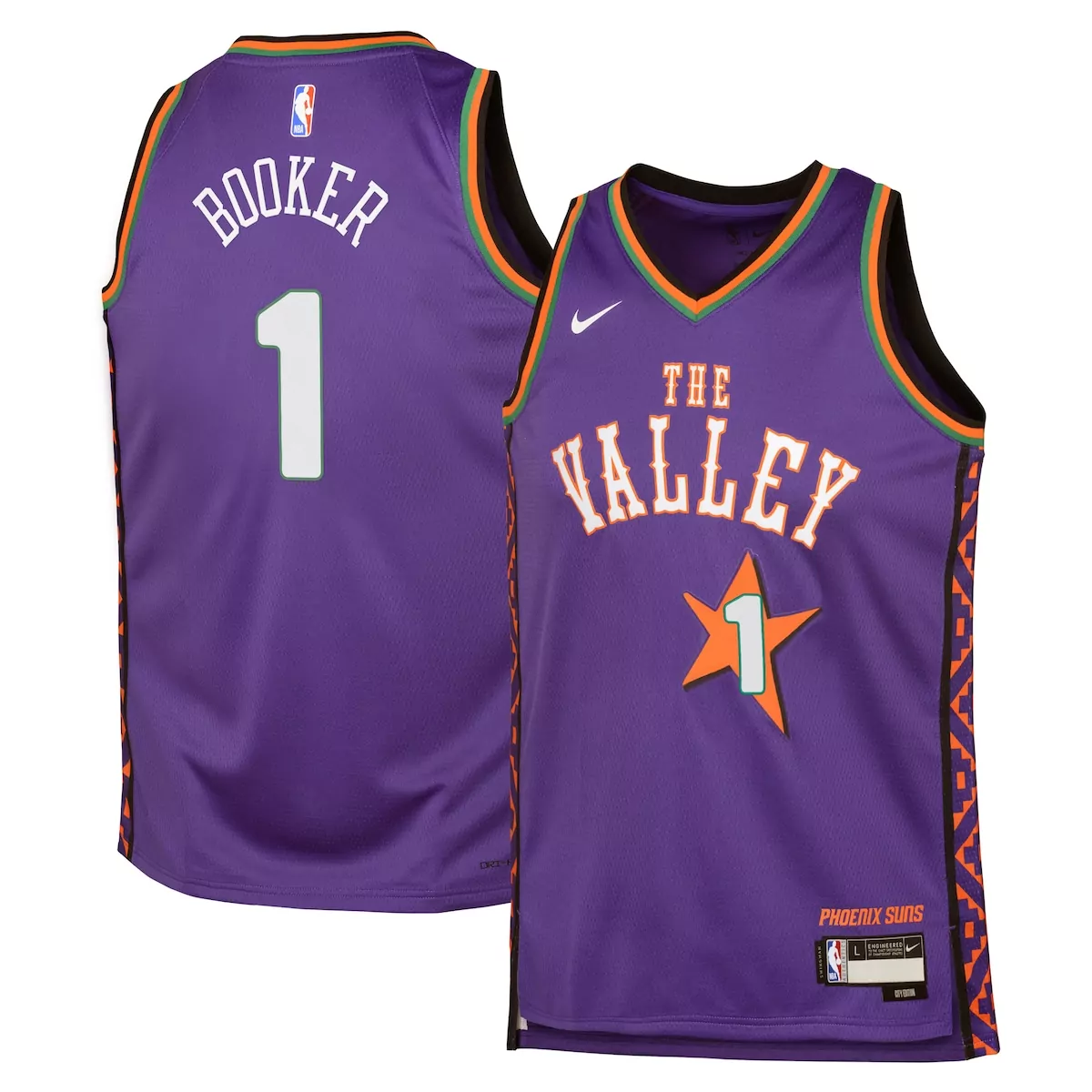 Devin Booker 1 Phoenix Suns Jersey Purple Men Alternate Split Design Orange Green