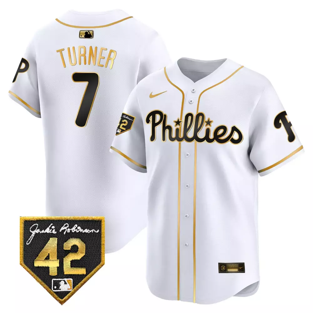 Turner 7 Phillies Jersey White Jackie Robinson Day 42 2023 Men Gold Black Vapor Premier