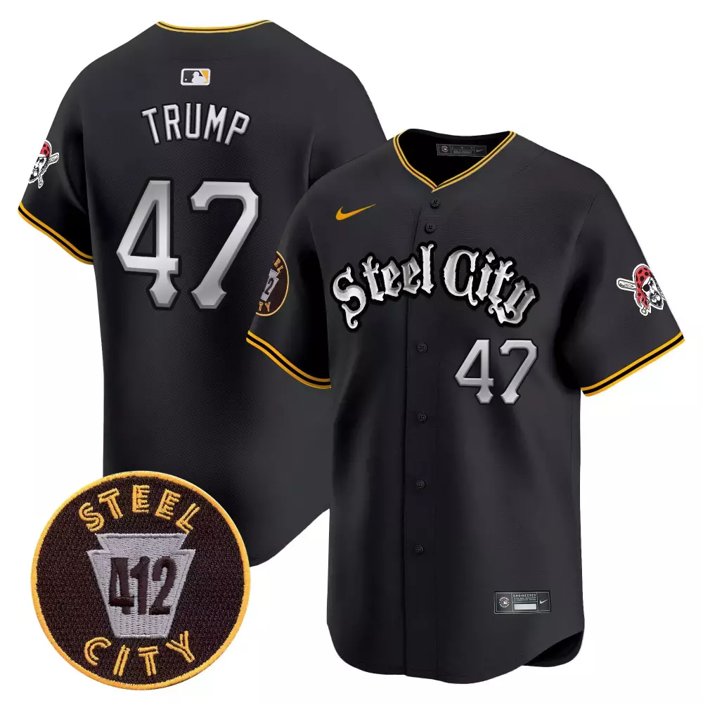 Donald Trump 47 Jersey Black Steel City Pittsburgh Pirates 412 Pirate Skull Men Gold