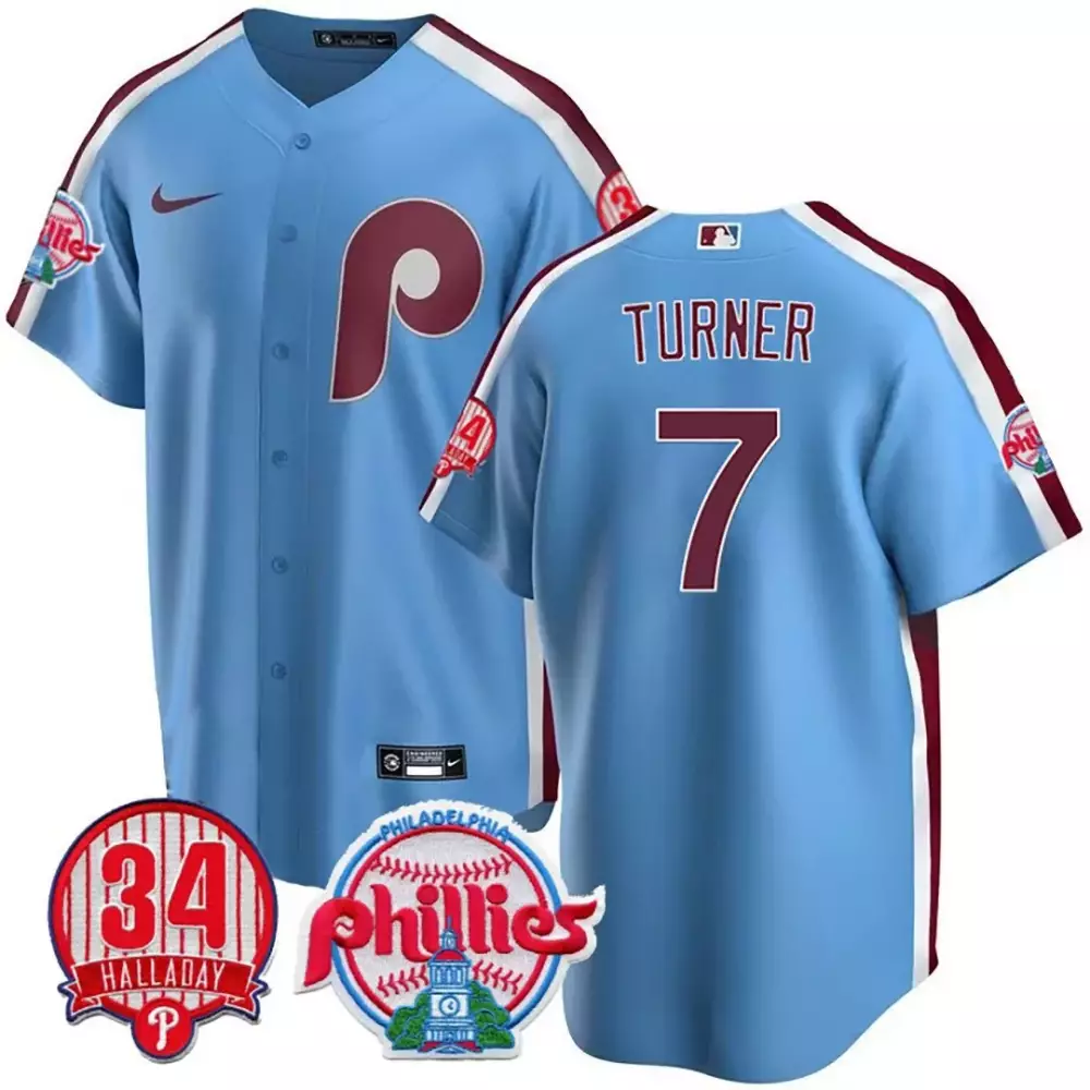 Roy Halladay 7 Phillies Jersey Light Blue 34 Baseball Men Maroon White All Stitched