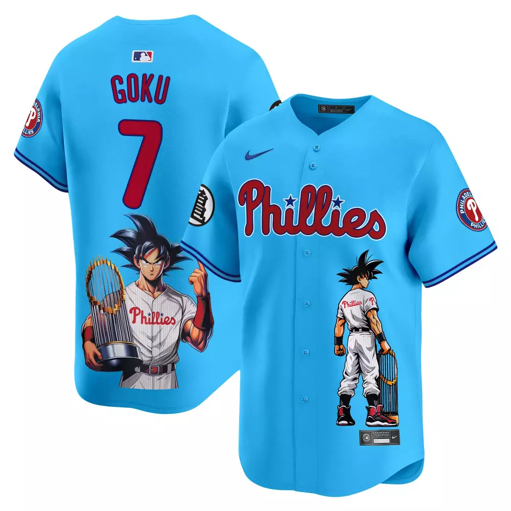 Goku 7 Phillies Jersey Light Blue Men Graphic Custom Design Red White Vapor Premier