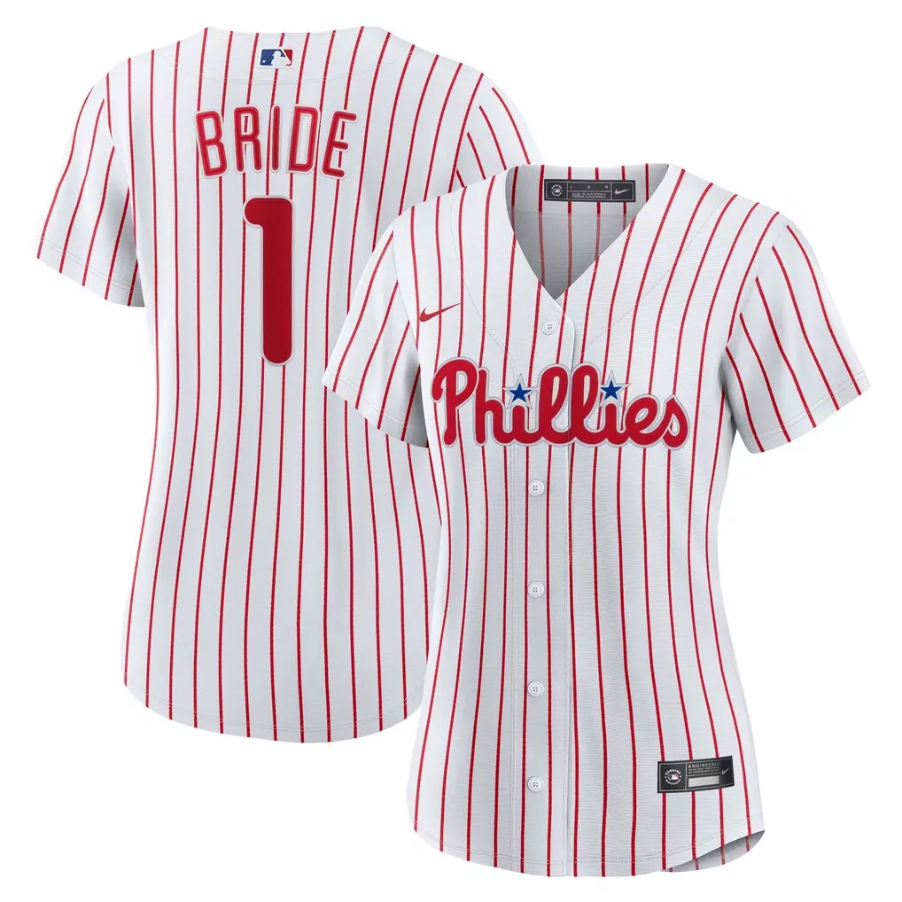 Bride 1 Phillies Jersey White Women Pinstripe Red Home Replica