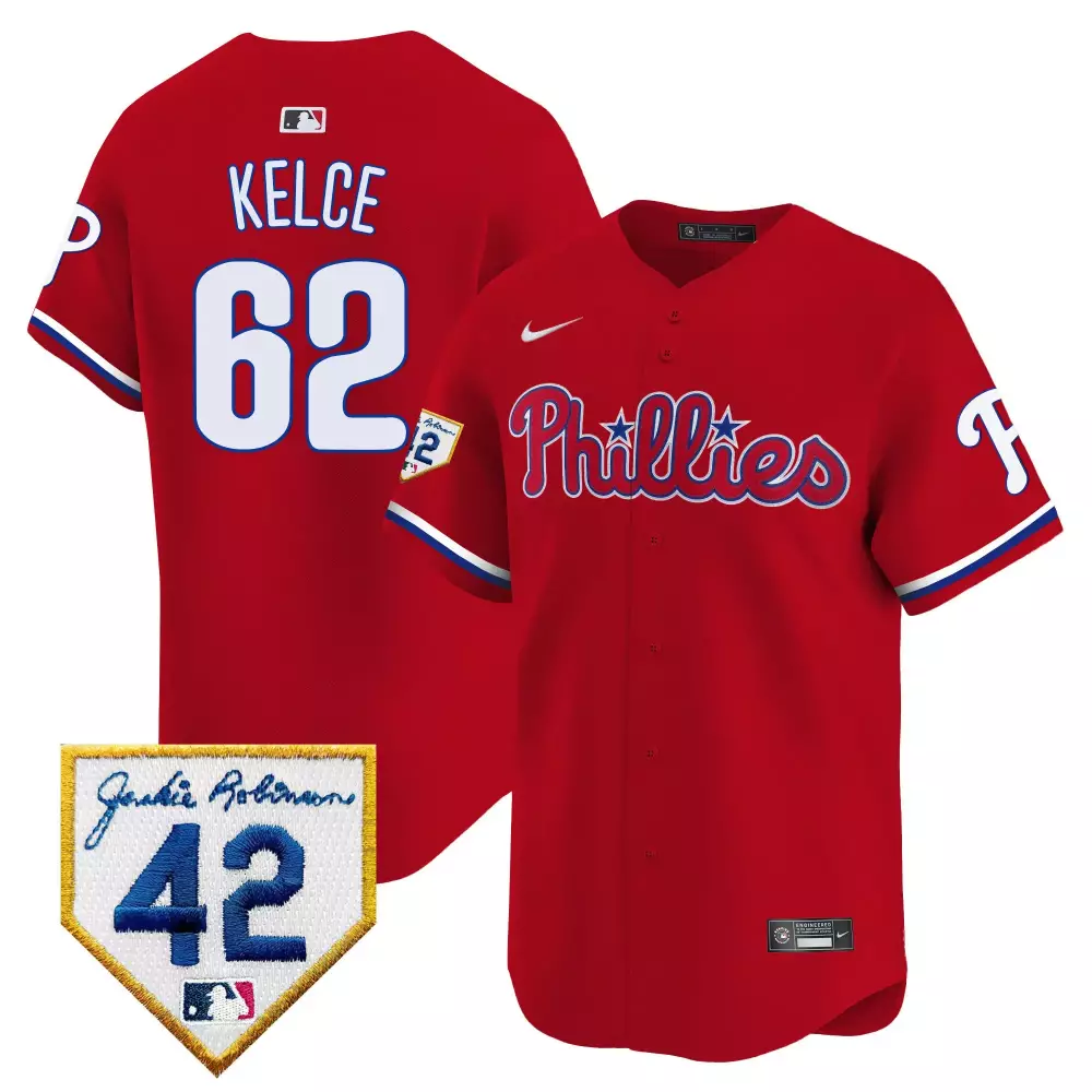 Jason Kelce 62 Phillies Jersey Red Jackie Robinson 42 Men White Blue Vapor Premier