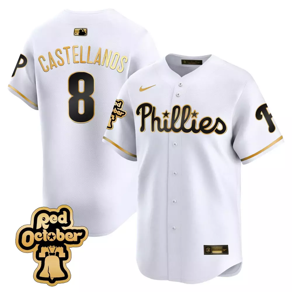 Nick Castellanos 8 Phillies Jersey White Red October Men Gold Black Vapor Premier