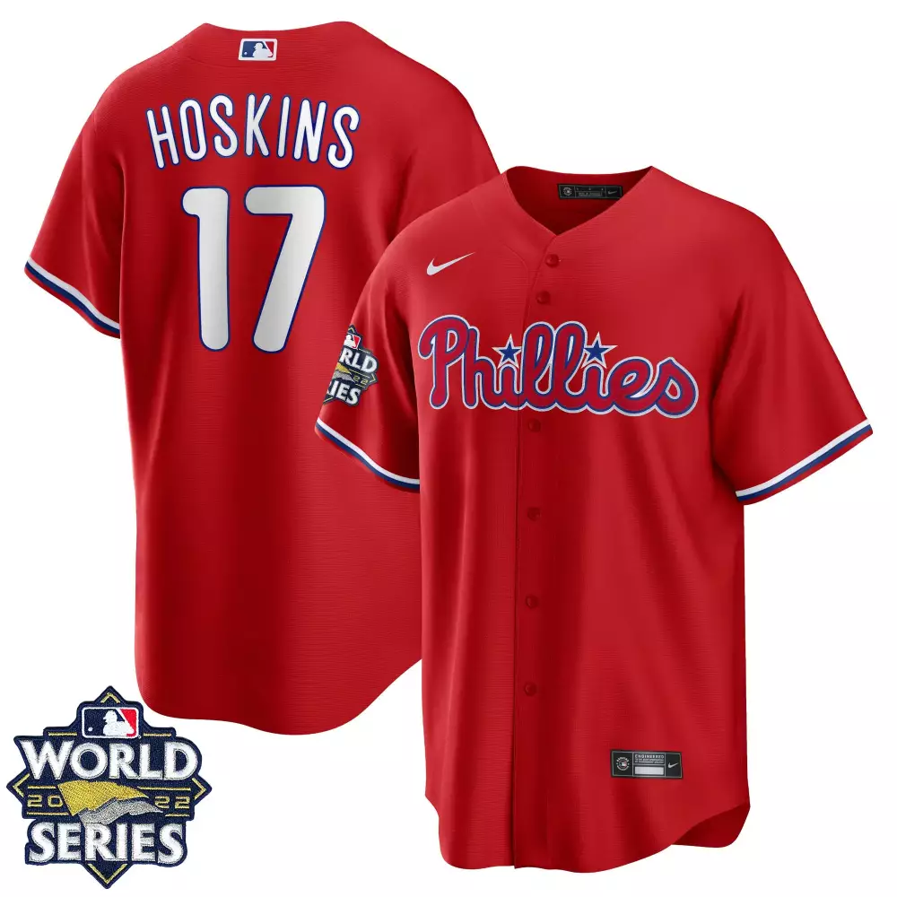 Rhys Hoskins 17 Phillies Jersey Red World Series 2022 Men White Blue Cool Base Alternate
