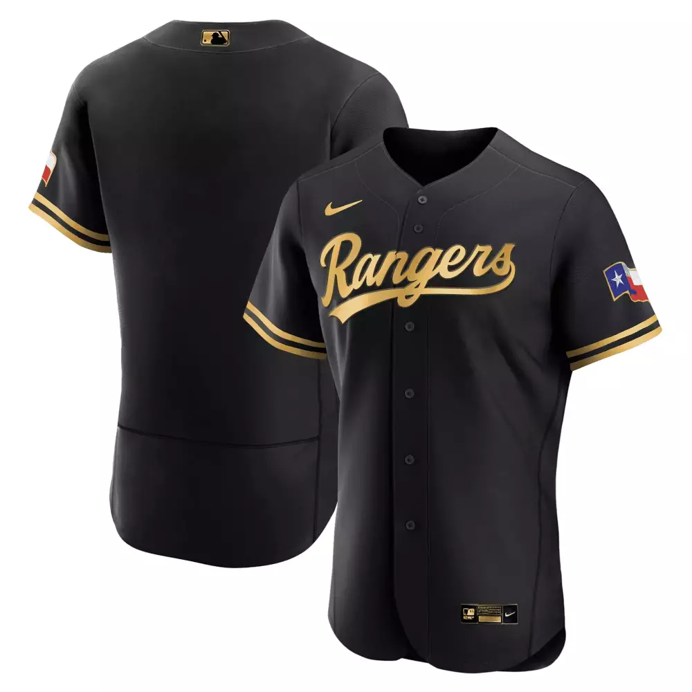 Custom Texas Rangers Jersey Black Flag Men Button-down Gold All Stitched Vapor