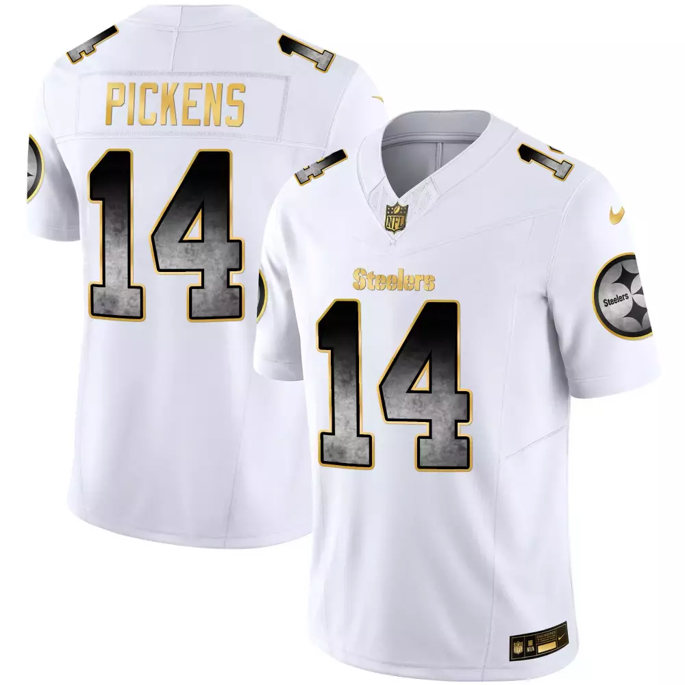 George Pickens 14 Steelers Jersey White Men Alternate Black Gold Vapor v3 All Stitched
