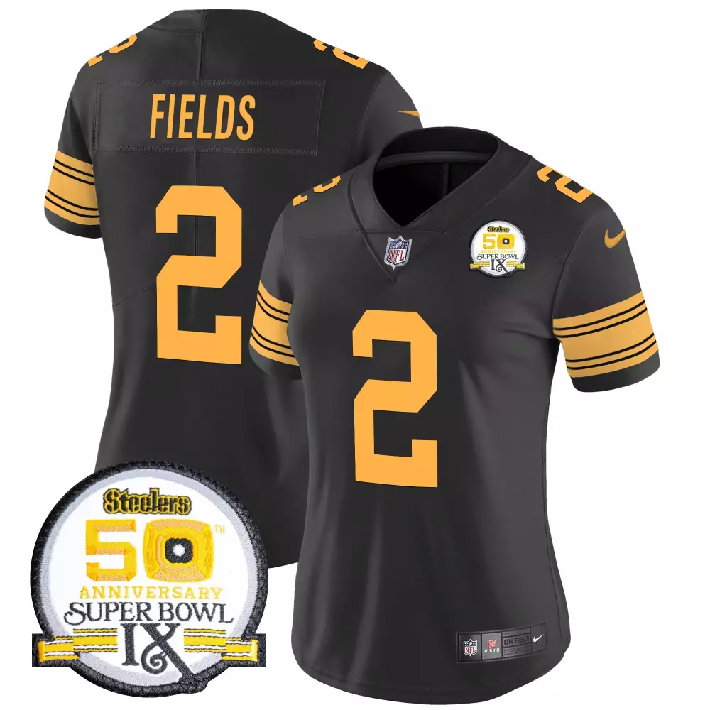Justin Fields 2 Steelers Jersey Black Super Bowl Ix 50th Anniversary Men Gold Rush