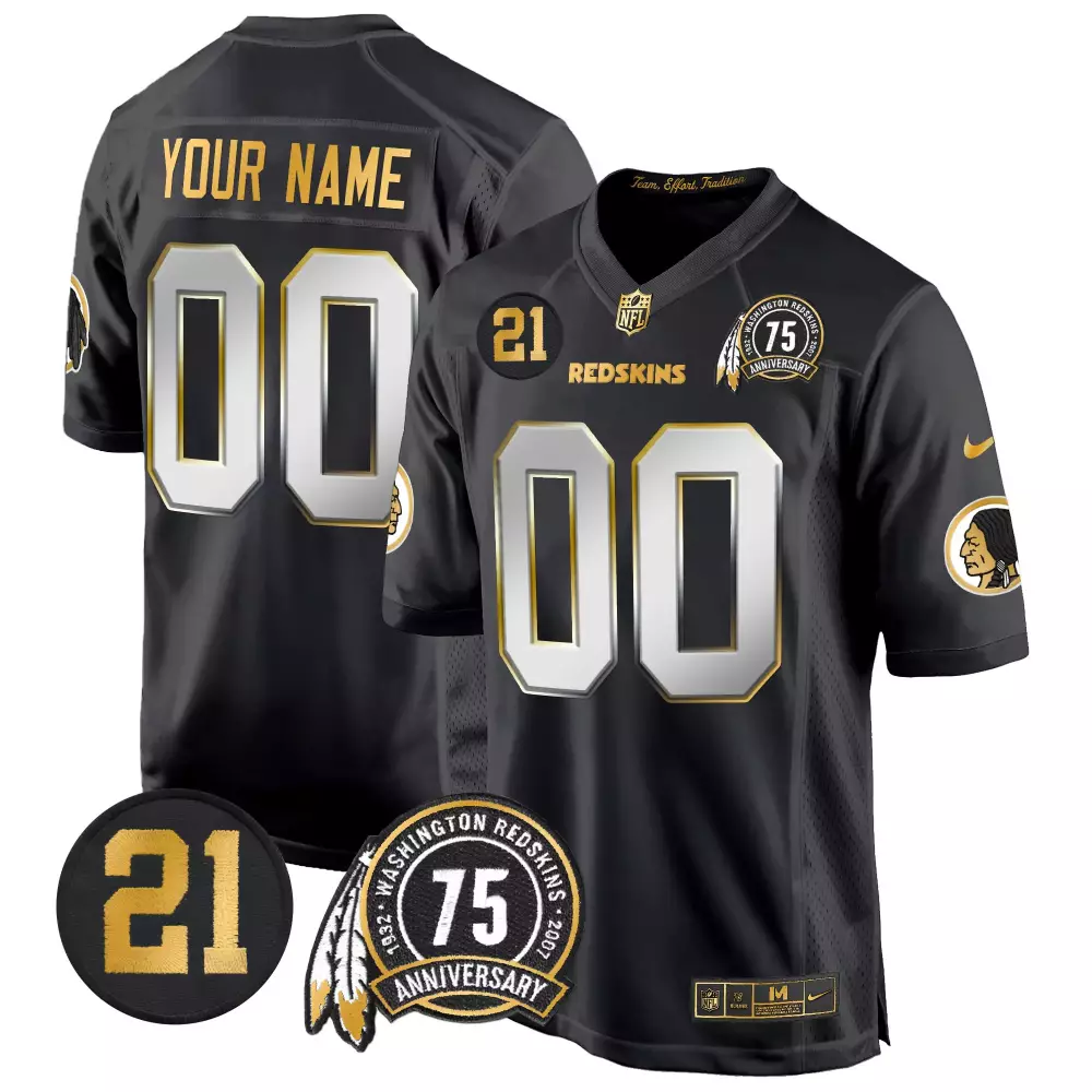 Custom Washington Redskins Jersey Black 75th Anniversary Men Gold White Limited Game