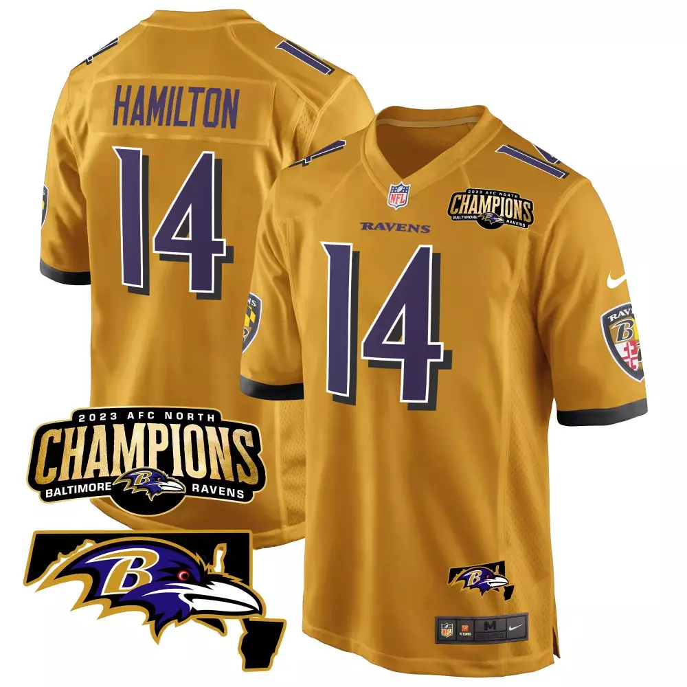 Kyle Hamilton 14 Baltimore Ravens Jersey Gold AFC North Champions 2023 Men Purple