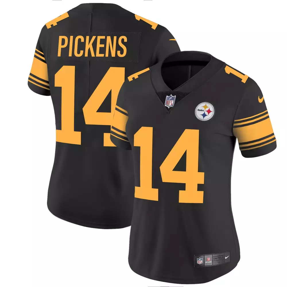 George Pickens 14 Steelers Jersey Black Women Replica Gold Rush Vapor Limited All