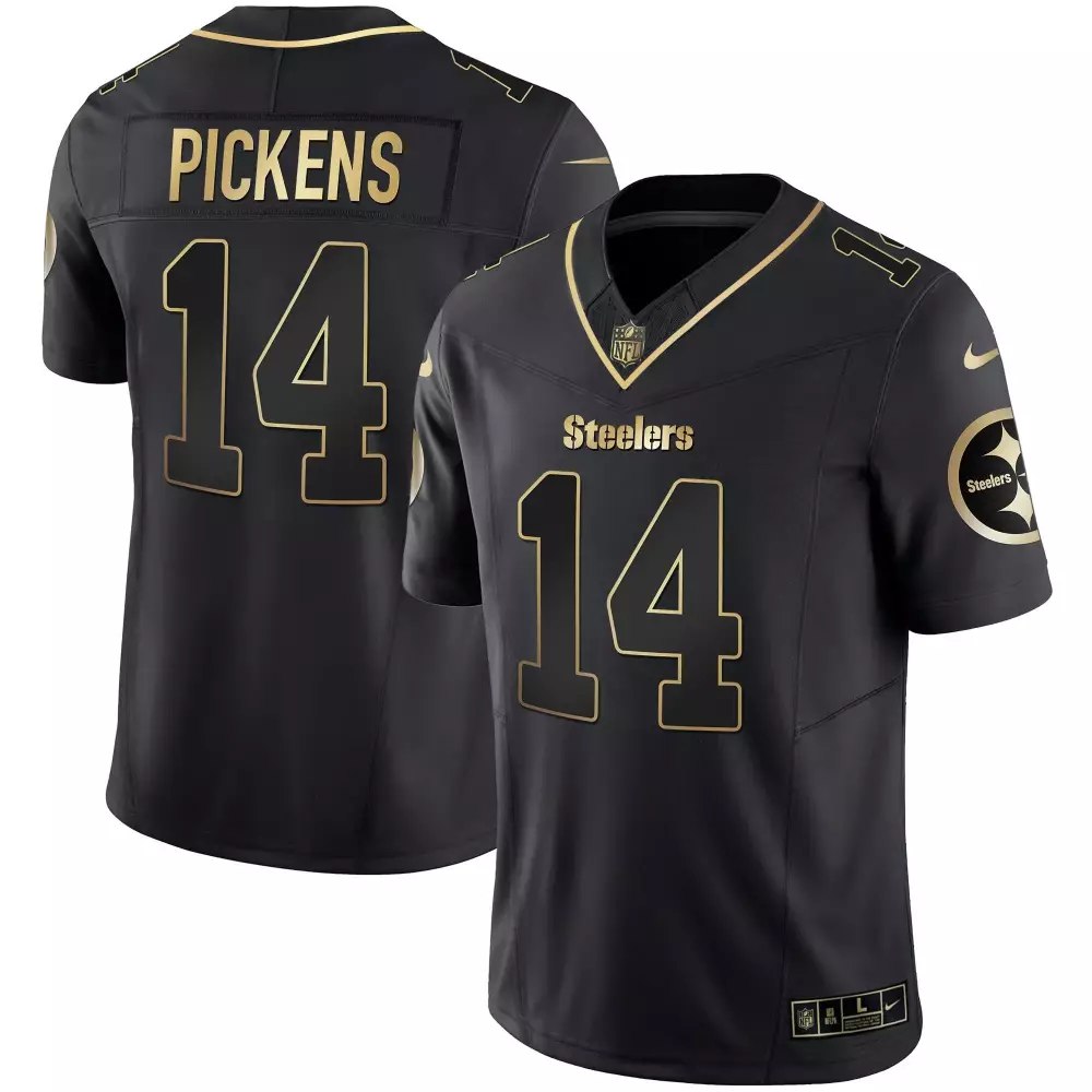 George Pickens 14 Steelers Jersey Black Men Player Gold Vapor All Stitched
