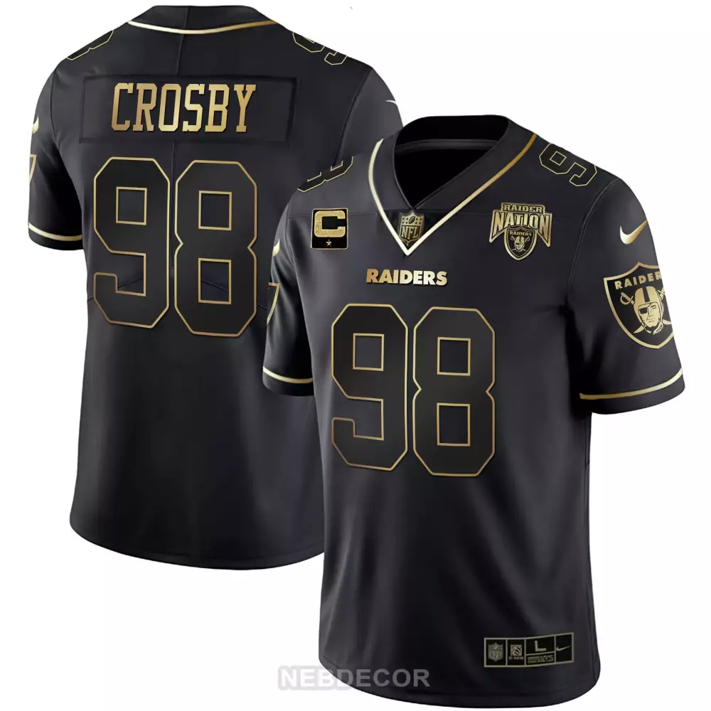 Maxx Crosby 98 Raiders Jersey Black Nation Captain Men Gold All Stitched