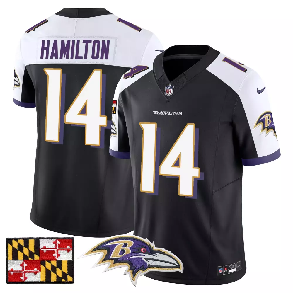 Kyle Hamilton 14 Baltimore Ravens Jersey Black Maryland Flag Men Player White Purple