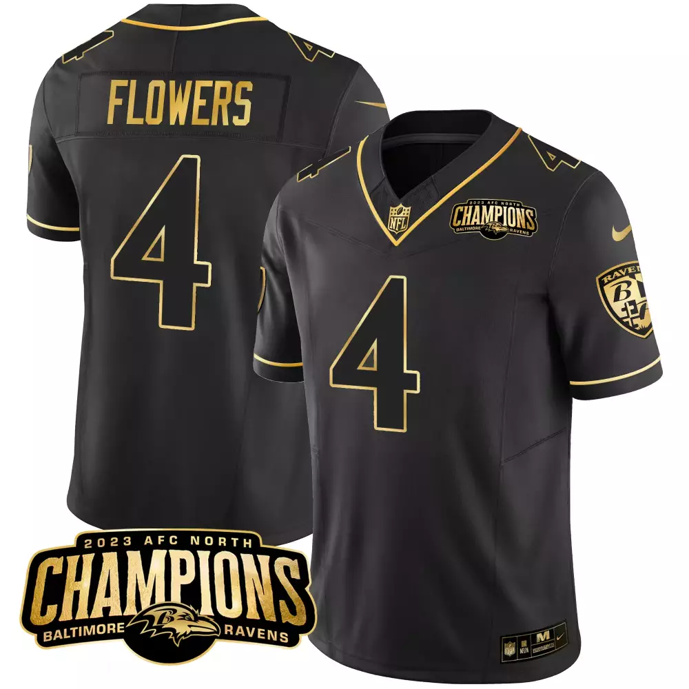 Zay Flowers 4 Baltimore Ravens Jersey Black AFC North Champions 2023 Men Gold Vapor