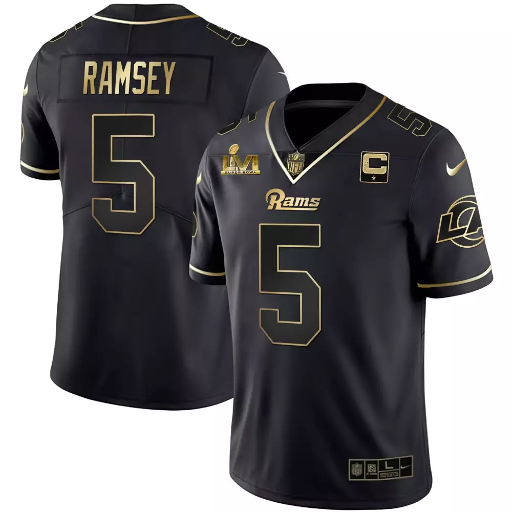 Jalen Ramsey 5 Rams Jersey Black Super Bowl Lvi Champions Men Gold All Stitched