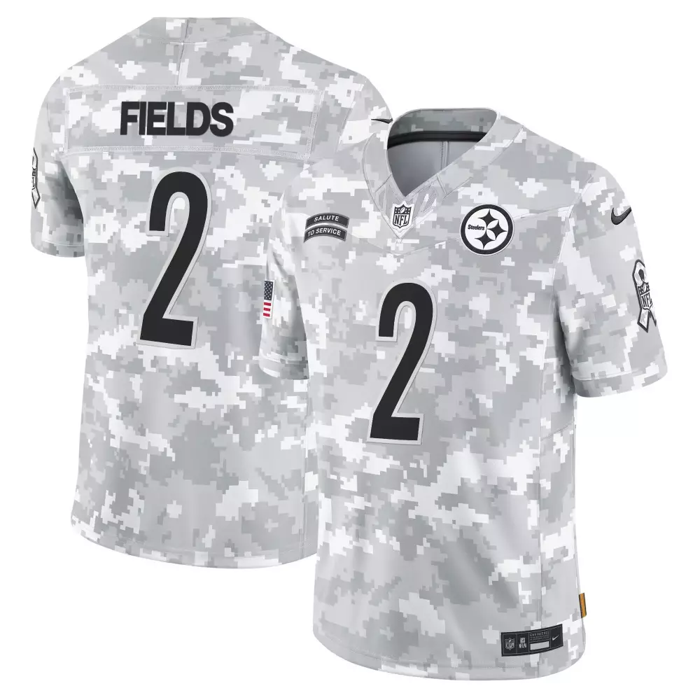 Justin Fields 2 Steelers Jersey White Salute To Service American Flag Men NFL Alternate