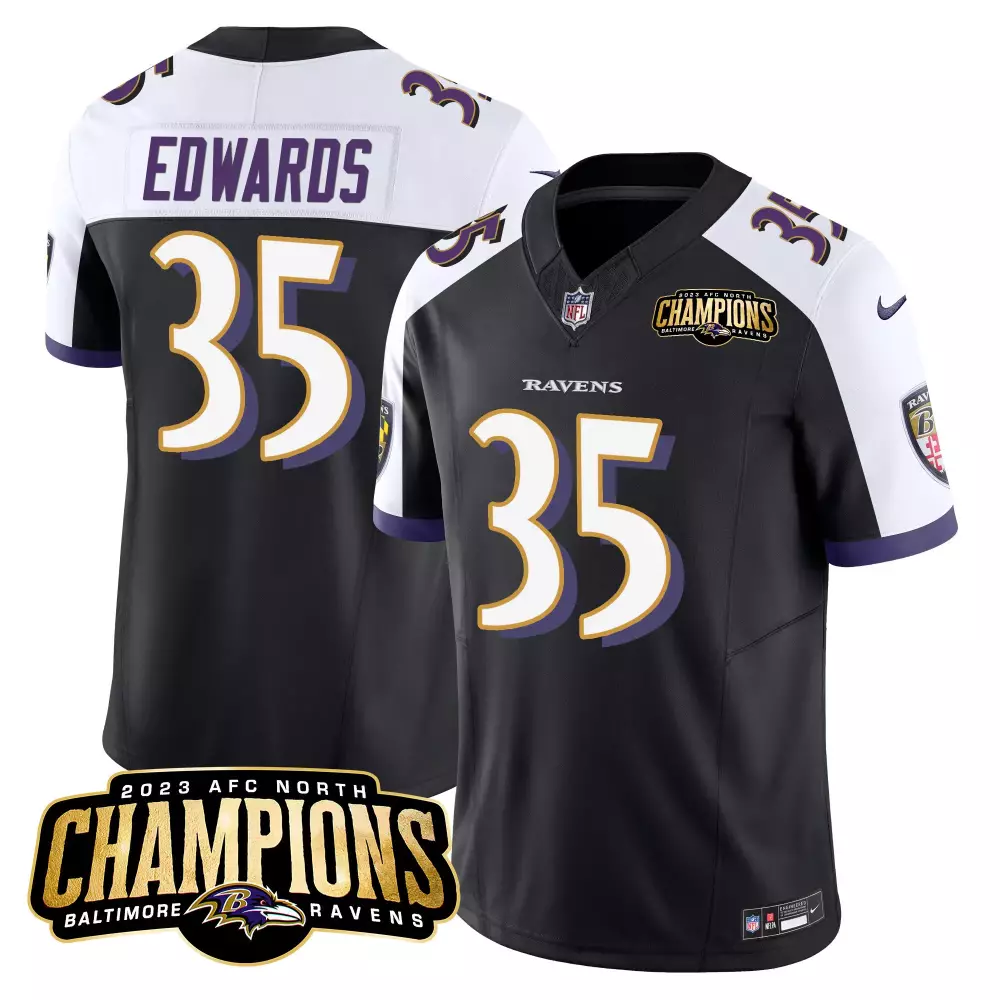 Gus Edwards 35 Baltimore Ravens Jersey Black 2023 AFC North Champions Men Replica