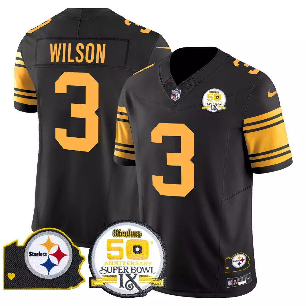 Russell Wilson 3 Steelers Jersey Black Super Bowl Ix 50th Anniversary Men Gold Yellow